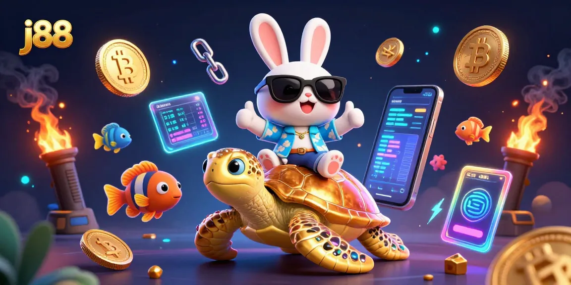 Play exciting casino games with j88, featuring a lucky rabbit and a golden turtle in a vibrant 3D scene.