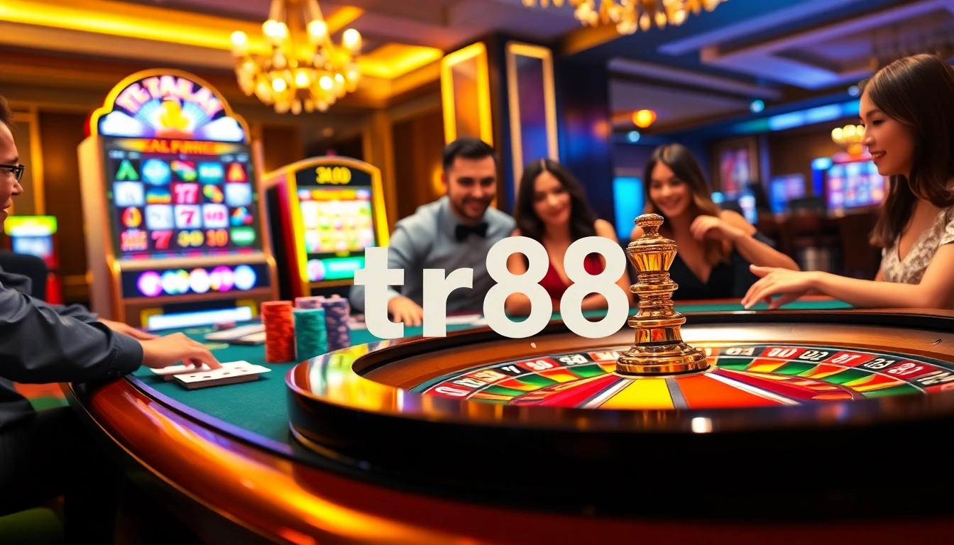 Players enjoying thrilling games at a luxury casino with tr88 branding.