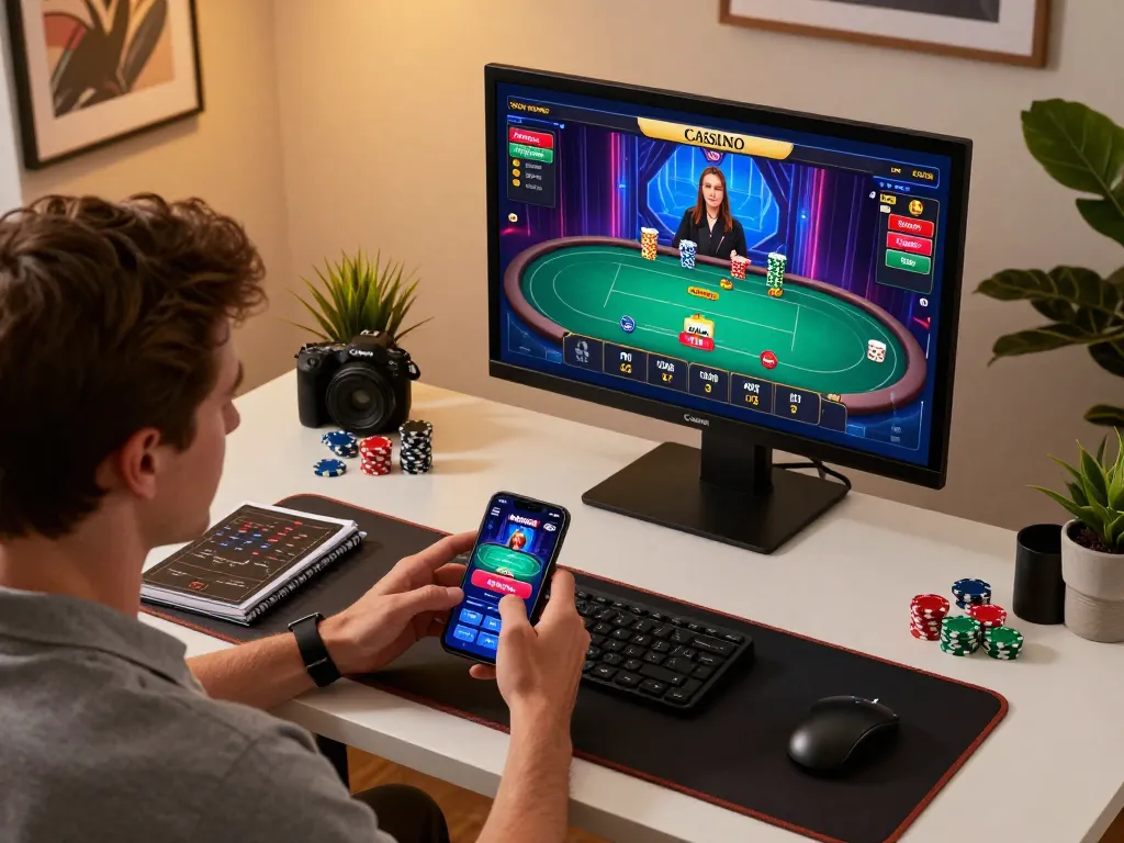 Player enjoying the okwin casino app on smartphone in stylish home setup, showcasing online gambling experience