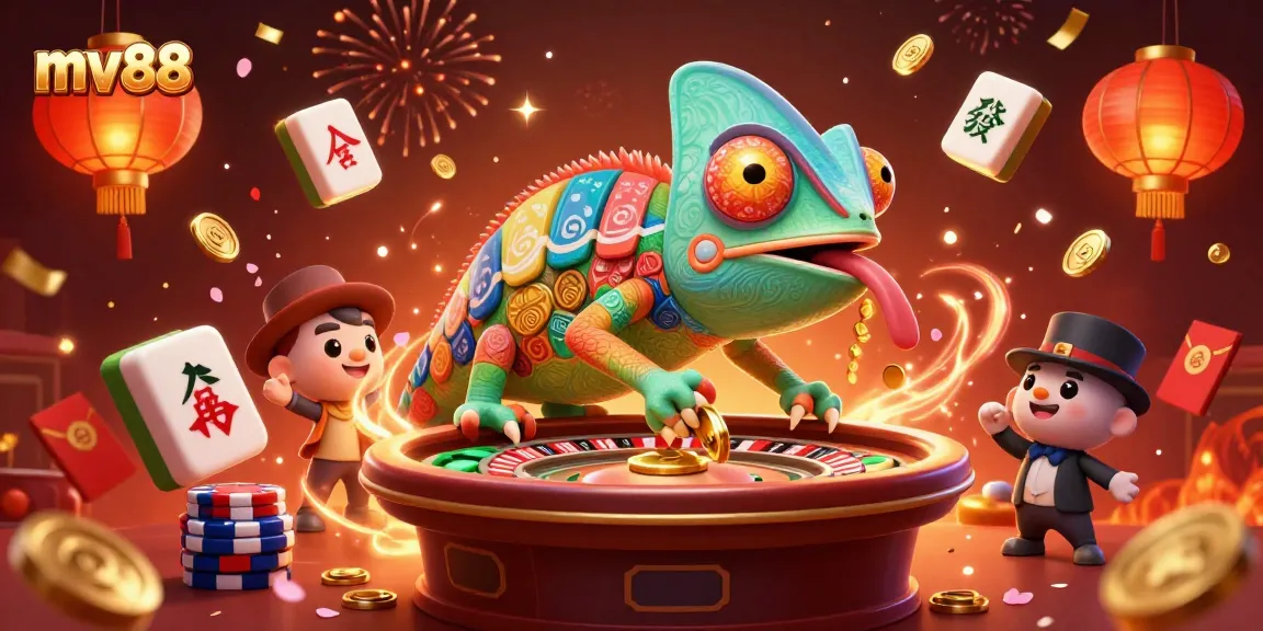 Experience the thrilling gaming atmosphere at mv88 with a vibrant chameleon casino owner amidst dynamic gambling elements.