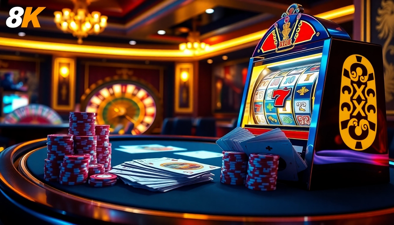 8Kbet's exciting online gambling interface showcasing poker chips and a roulette wheel.
