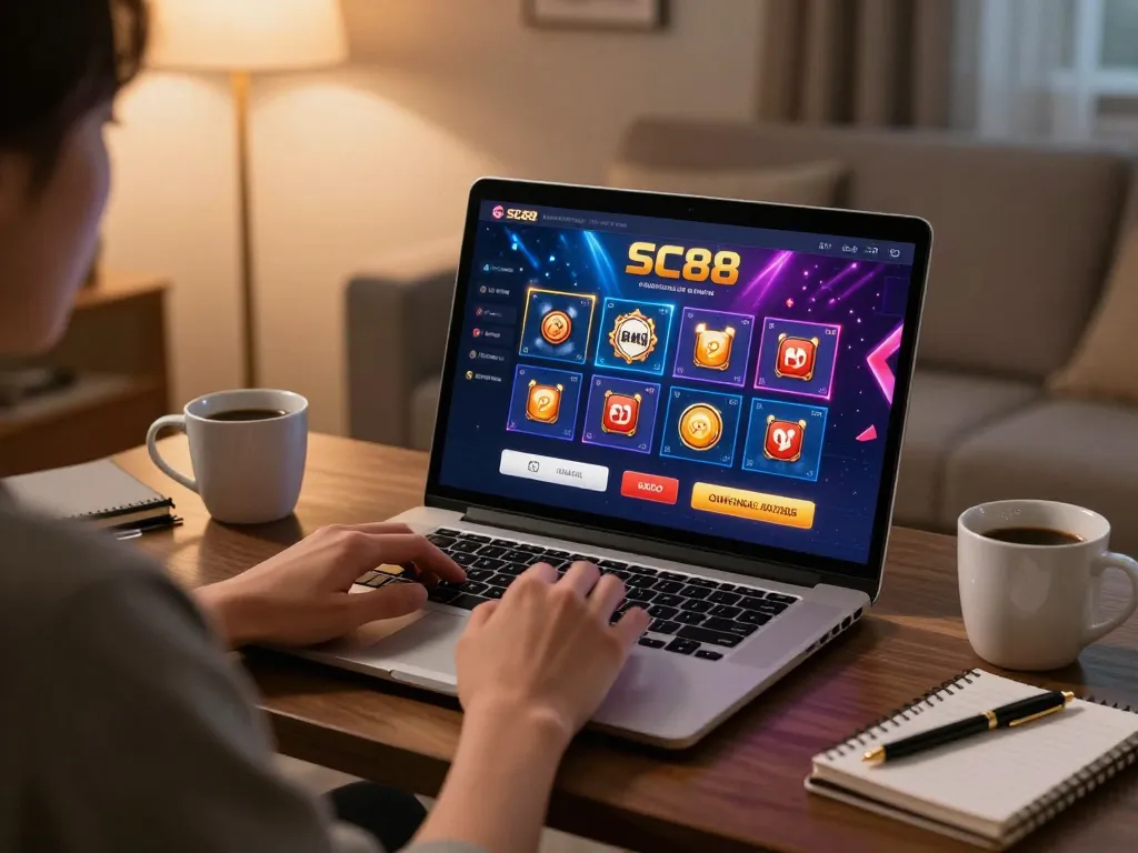 Player enjoying SC88 online gaming experience in a cozy home setting with vibrant interface.