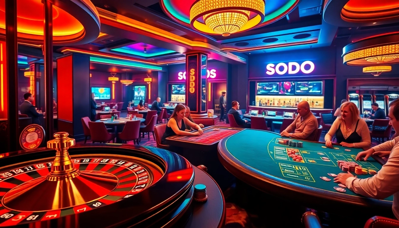Gamblers experiencing excitement at SODO Casino, surrounded by vibrant tables and roulette wheels.