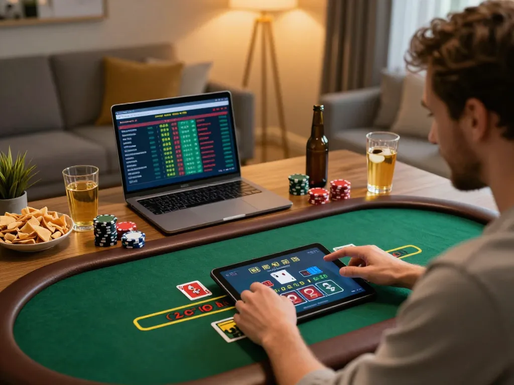 Player explores blackjack strategies on 577F tablet for an exciting online casino experience.