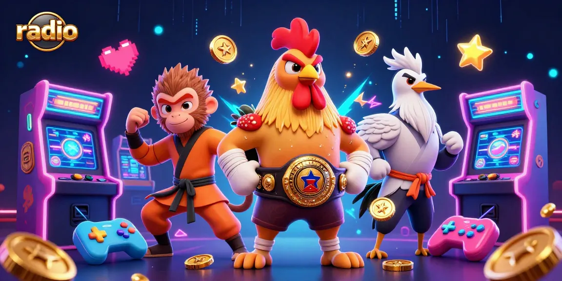 Engage in thrilling radio gaming adventures with vibrant characters and neon elements.