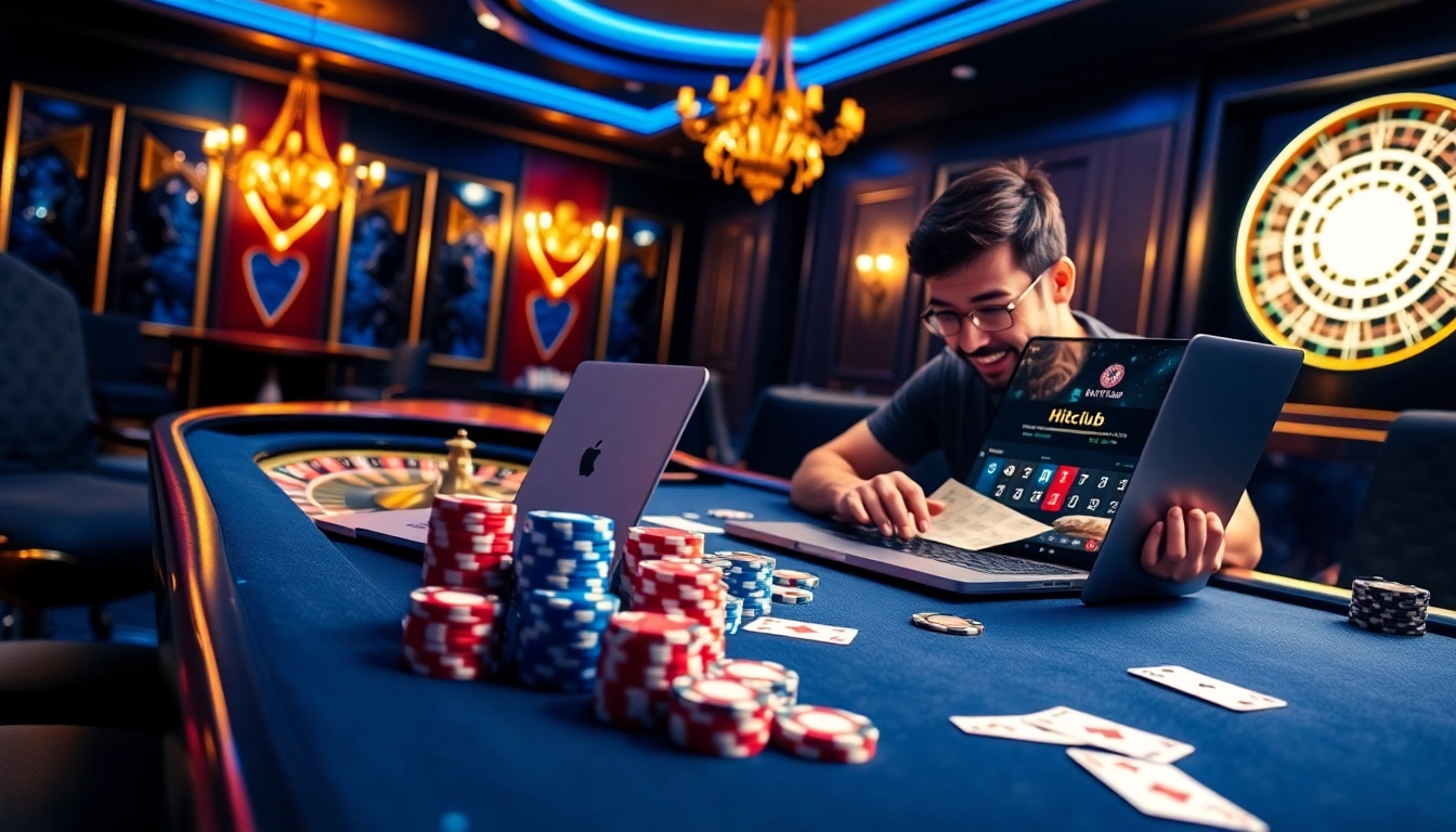 Hitclub đăng ký: Engaging online casino scene with a player at a laptop and vibrant gaming elements.