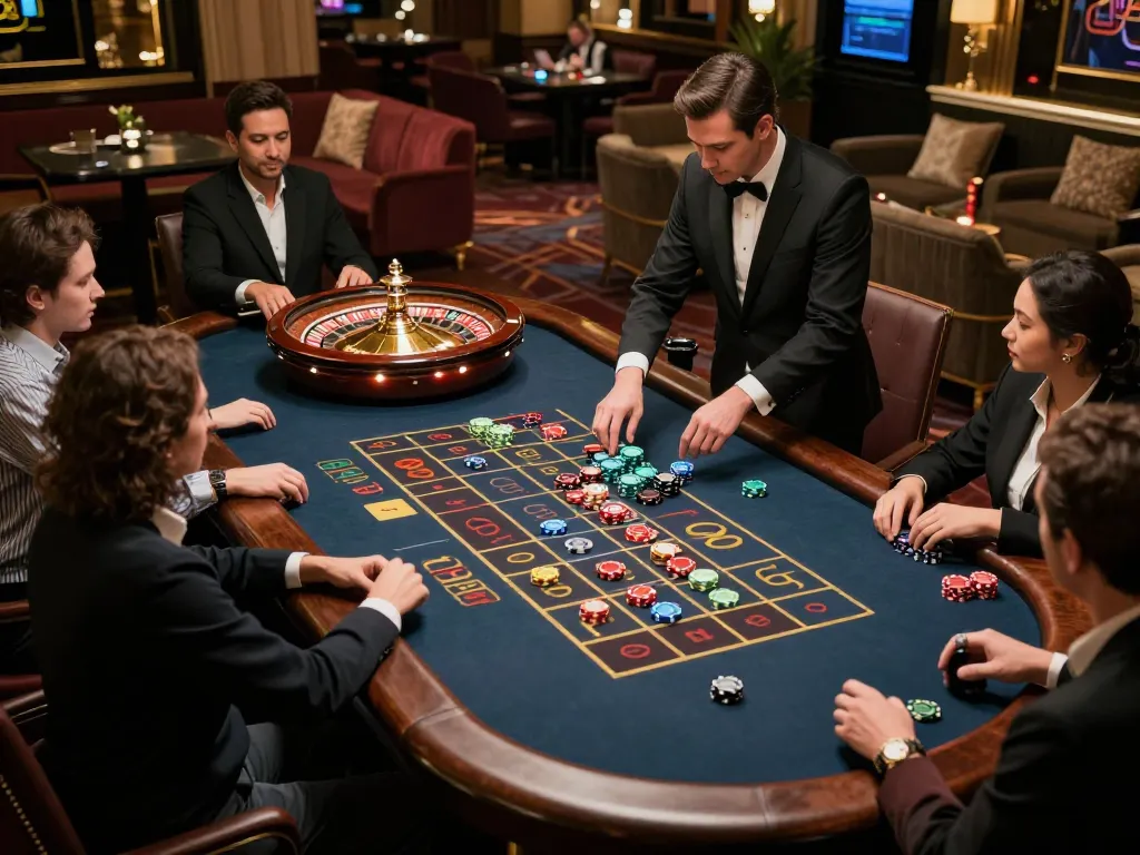 Au88 players intensely placing bets at a dynamic roulette table in a luxurious casino setting.