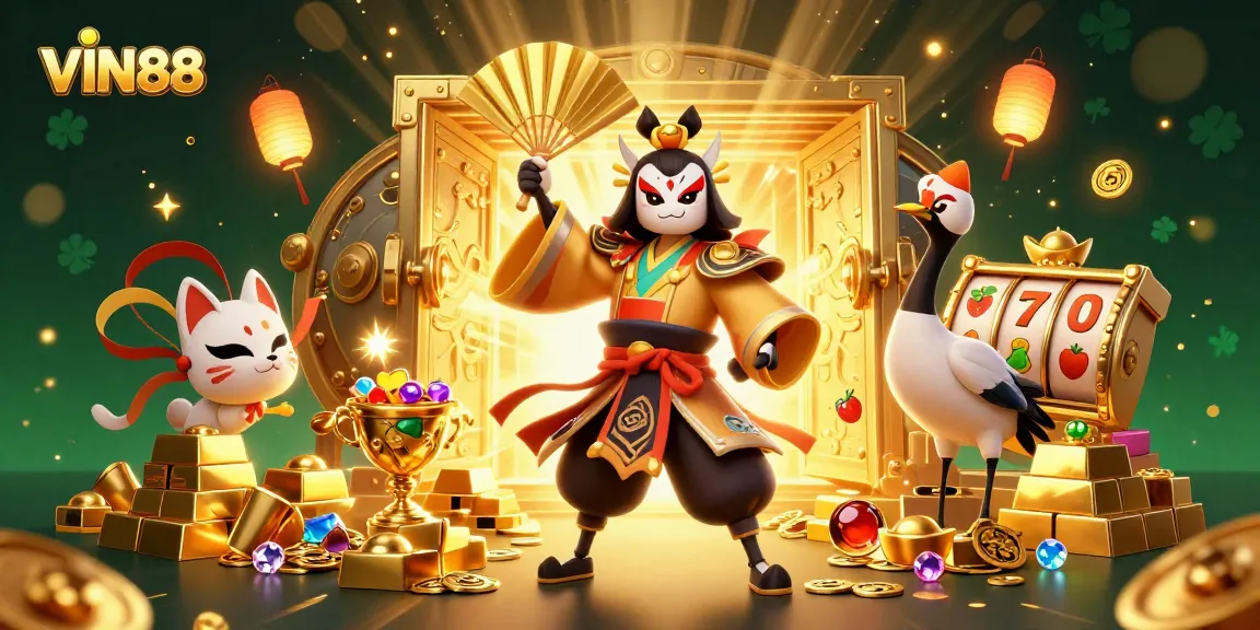 Win big with VIN88 in a vibrant casino scene featuring slots and dynamic characters.