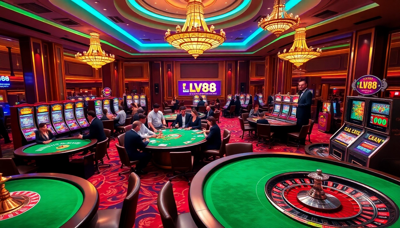 Players enjoying poker and roulette at LV88 casino, showcasing luxury and excitement in gambling.