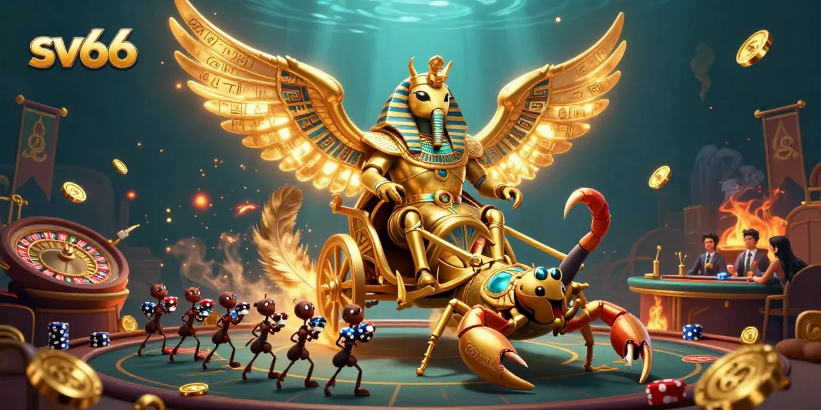 Engage with sv66's vibrant casino scene featuring a colossal scarab and poker chips.