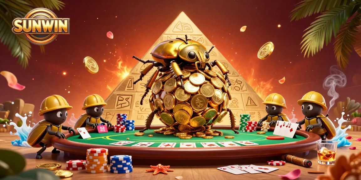 SUNWIN presents a vibrant casino scene with golden beetles, poker elements, and dynamic atmosphere.