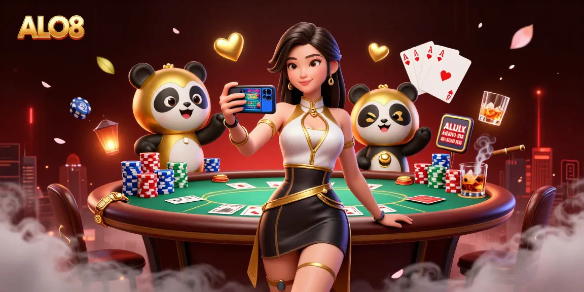 Experience ALO8's vibrant casino world with a dynamic Asian woman and golden panda amidst poker elements.