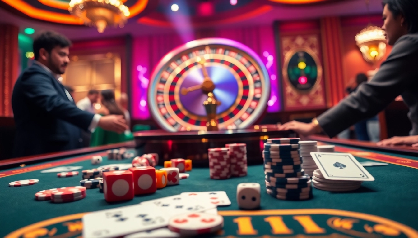 Experience MMOO's exciting casino atmosphere with vibrant poker chips and a spinning roulette wheel.