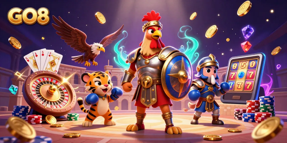 Engage with GO8's exhilarating casino action featuring a gladiator rooster amid sparkling slot reels and intense game elements.