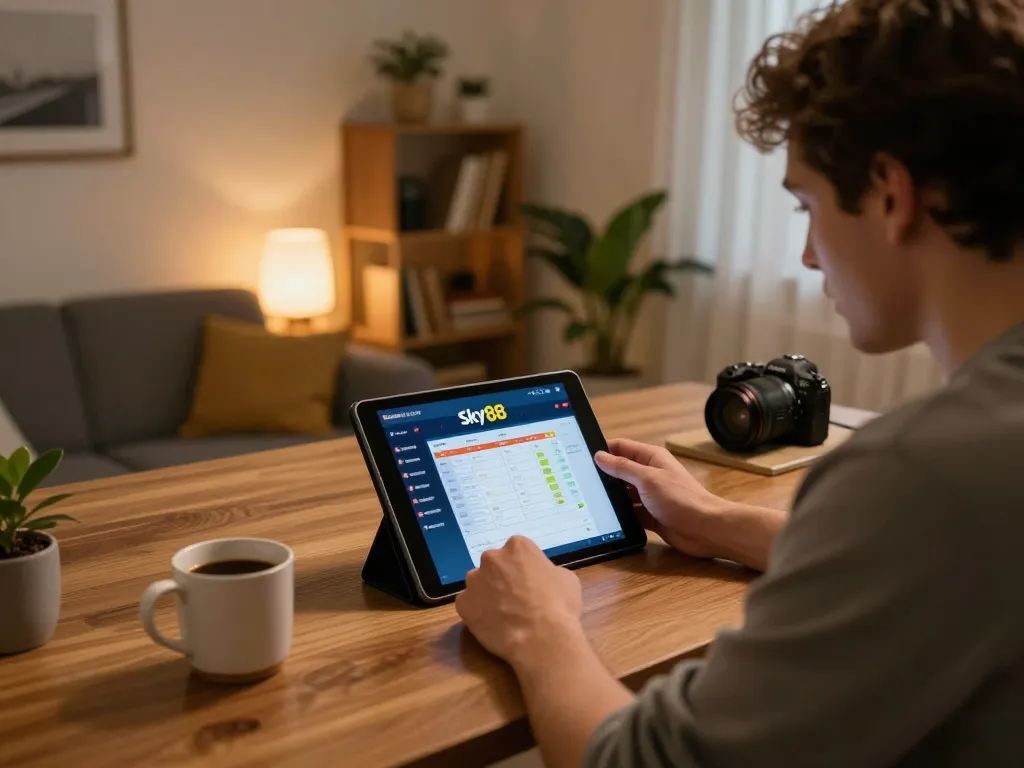 Player engaging with Sky88's casino app, showcasing a lively online gambling environment