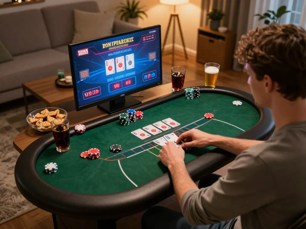 Player enjoying online poker gaming at home on Nk88 platform with warm atmosphere.