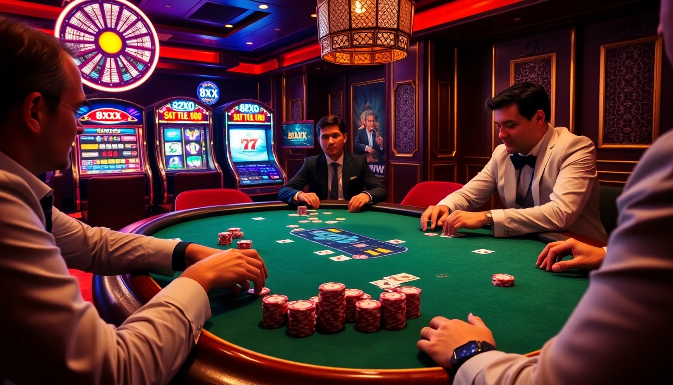 High-stakes thrill at 8XX casino with professional poker players and vibrant slot machines.