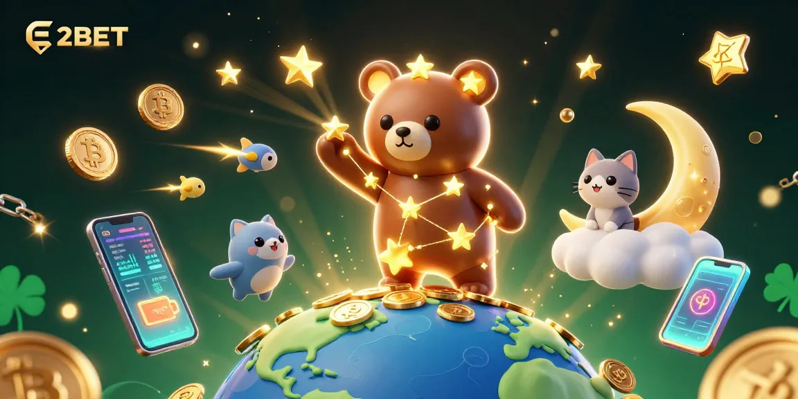 E2BET engages players with vibrant 3D illustration of a constellation bear and coins, set in a captivating cosmic theme.