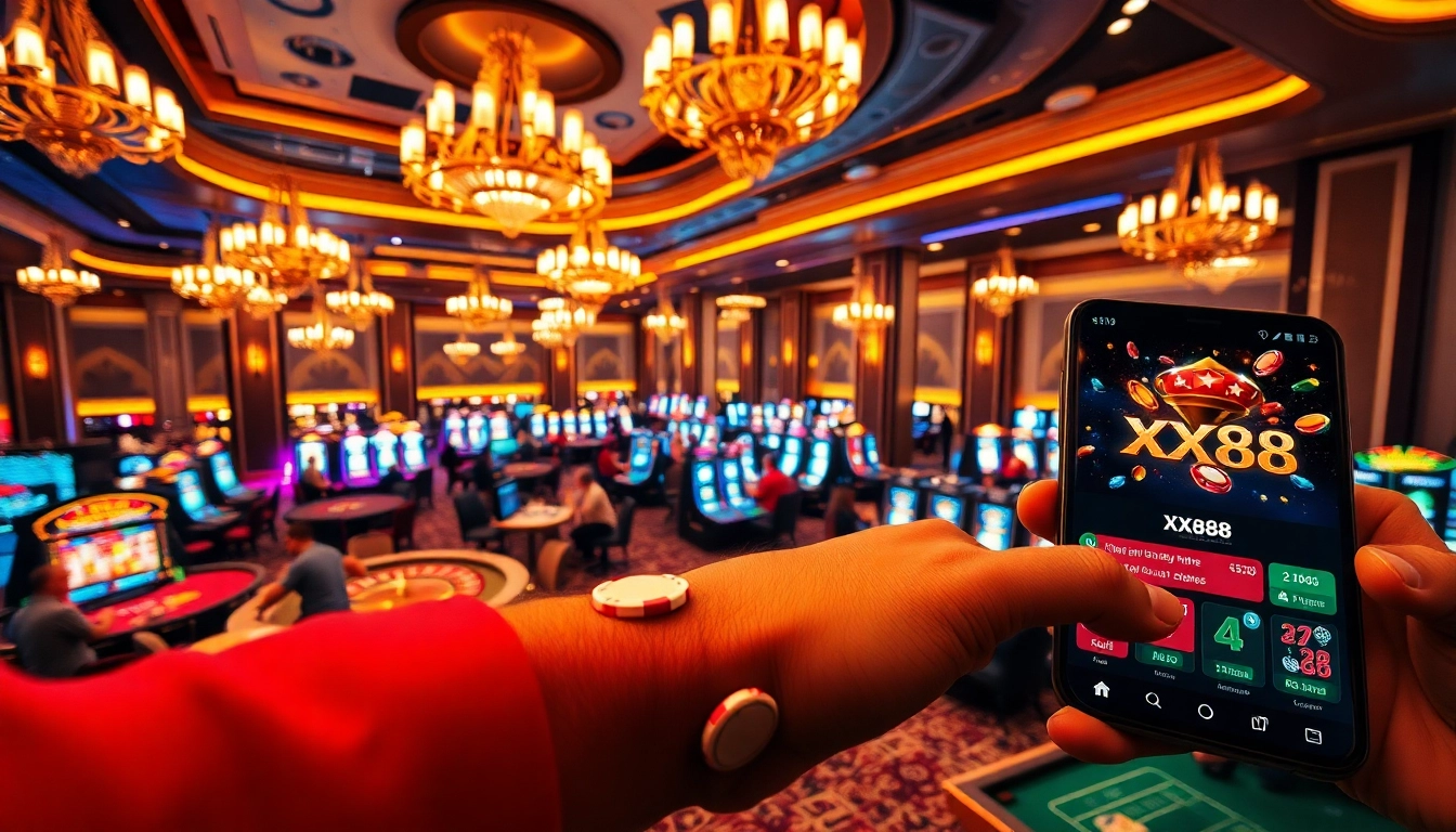 Players enjoying an exciting game at XX88 casino, showcasing vibrant slot machines and a poker table.