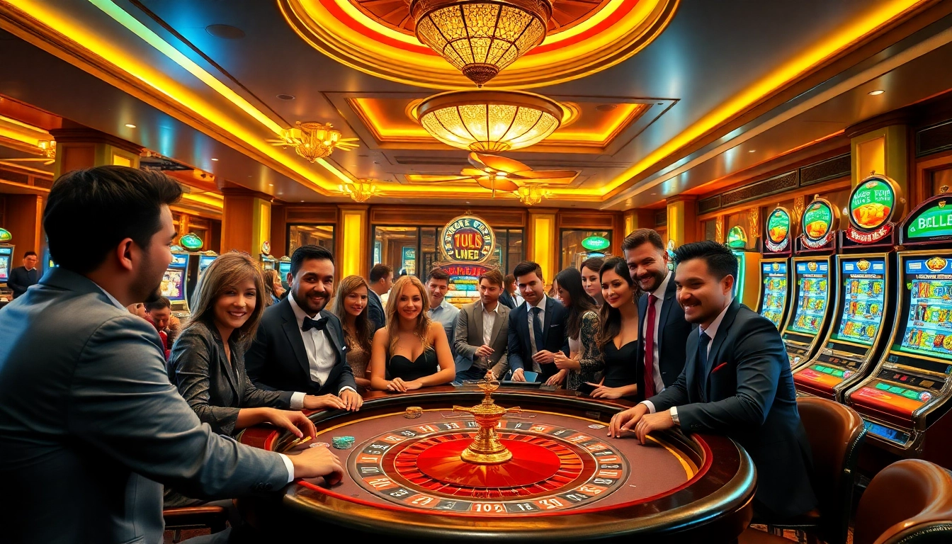 Casino players enjoying a thrilling experience at https://789betmedia.com/, featuring poker, roulette, and slot machines.