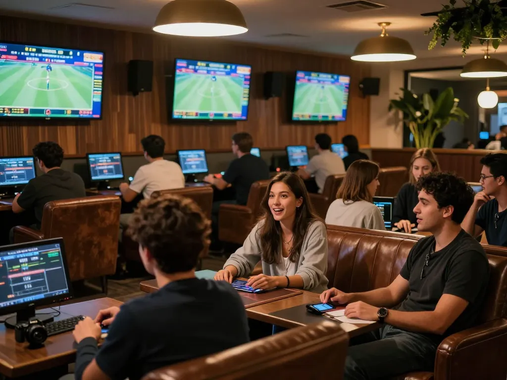 Betting on F8bet with friends in a lively sports lounge, showcasing excitement and strategy.