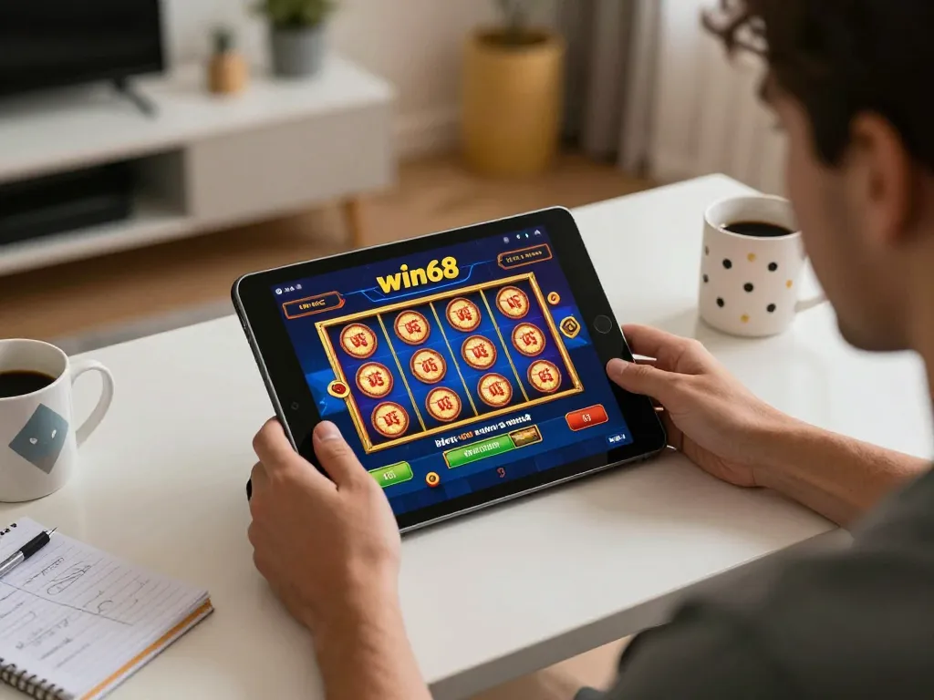 Engaging with the win68 online casino on a tablet in a cozy home setting, illustrating strategic gambling.