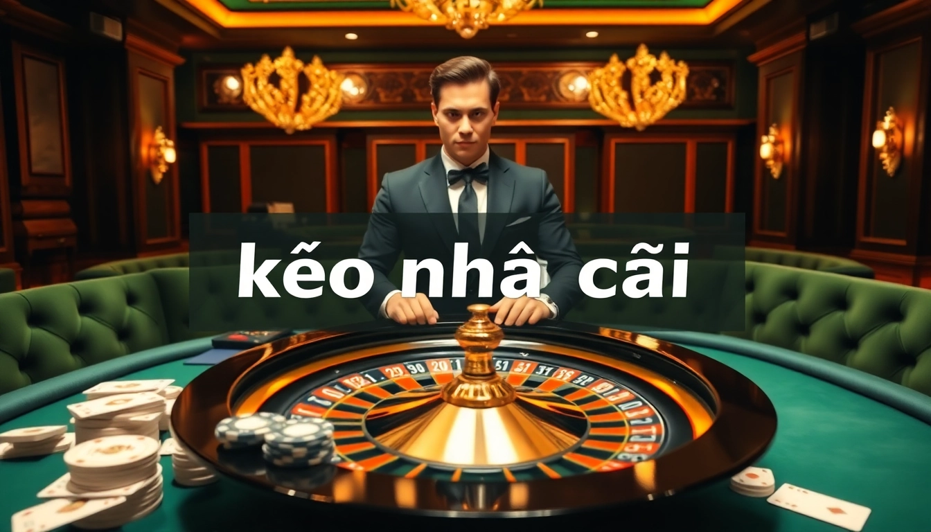 Engaging casino scene showcasing kèo nhà cái on a digital display with roulette wheel and poker elements.