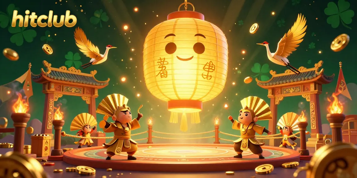 Hitclub captivates with its lively casino scene featuring a glowing lantern spirit, warriors, and lucky symbols.