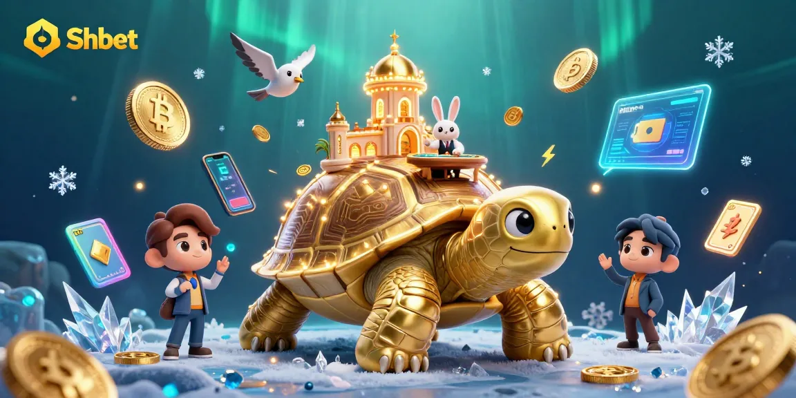 Experience exhilarating gaming at Shbet with this dynamic 3D casino illustration featuring a golden tortoise and rabbit dealer.