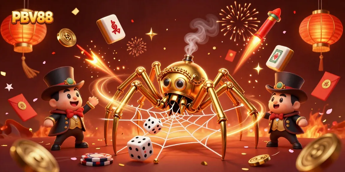 Experience the thrill of PBV88 as a steampunk spider weaves a golden web of chance in this vibrant casino scene.