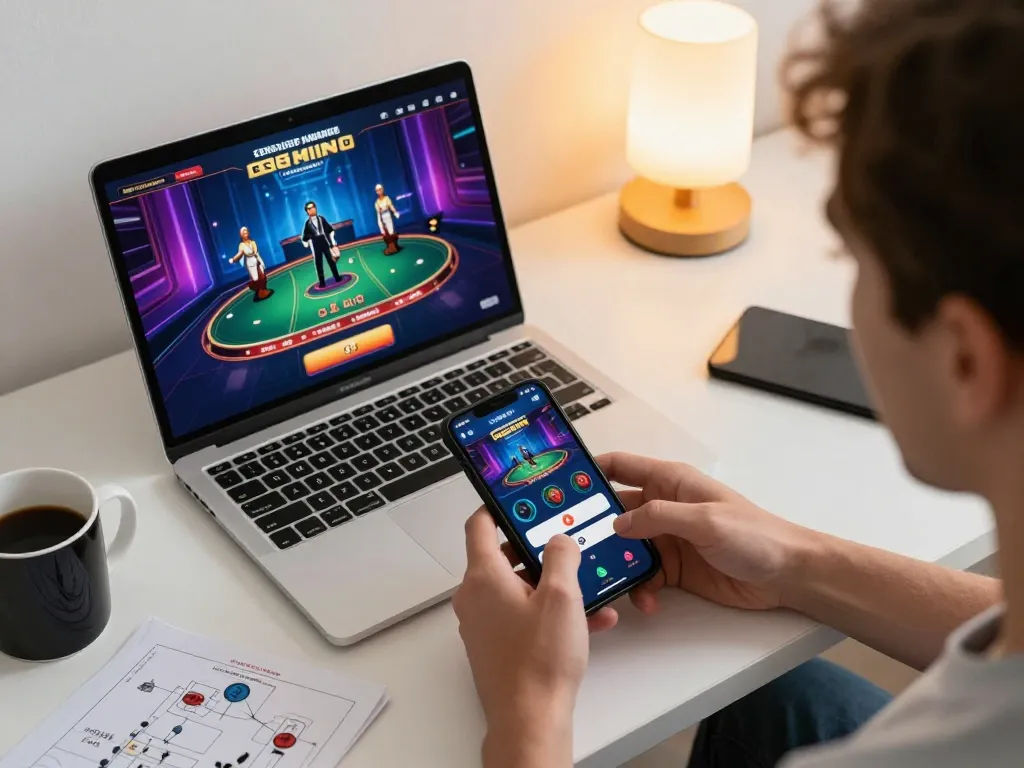 Engaged player using O8 mobile app for online gambling in a cozy home setup