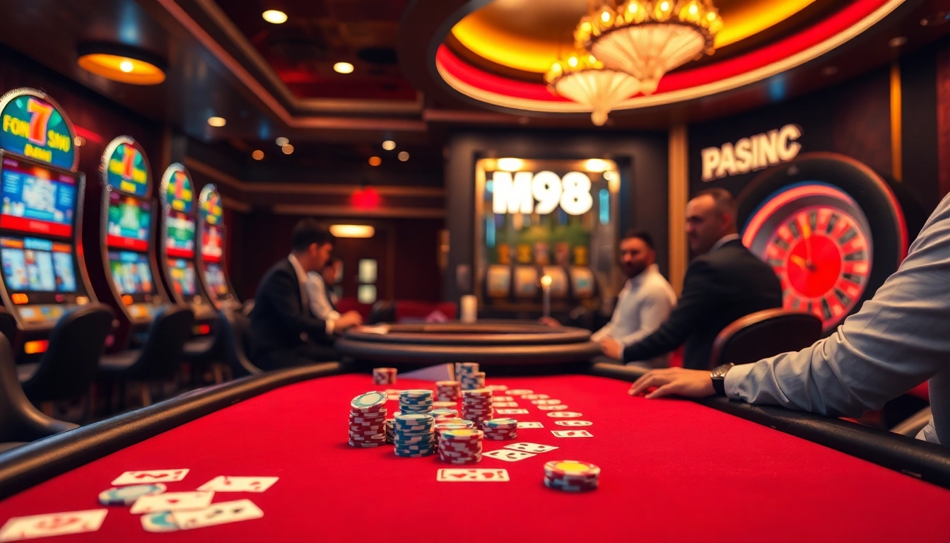 M98 poker event showcasing players at a vibrant table with chips and cards.