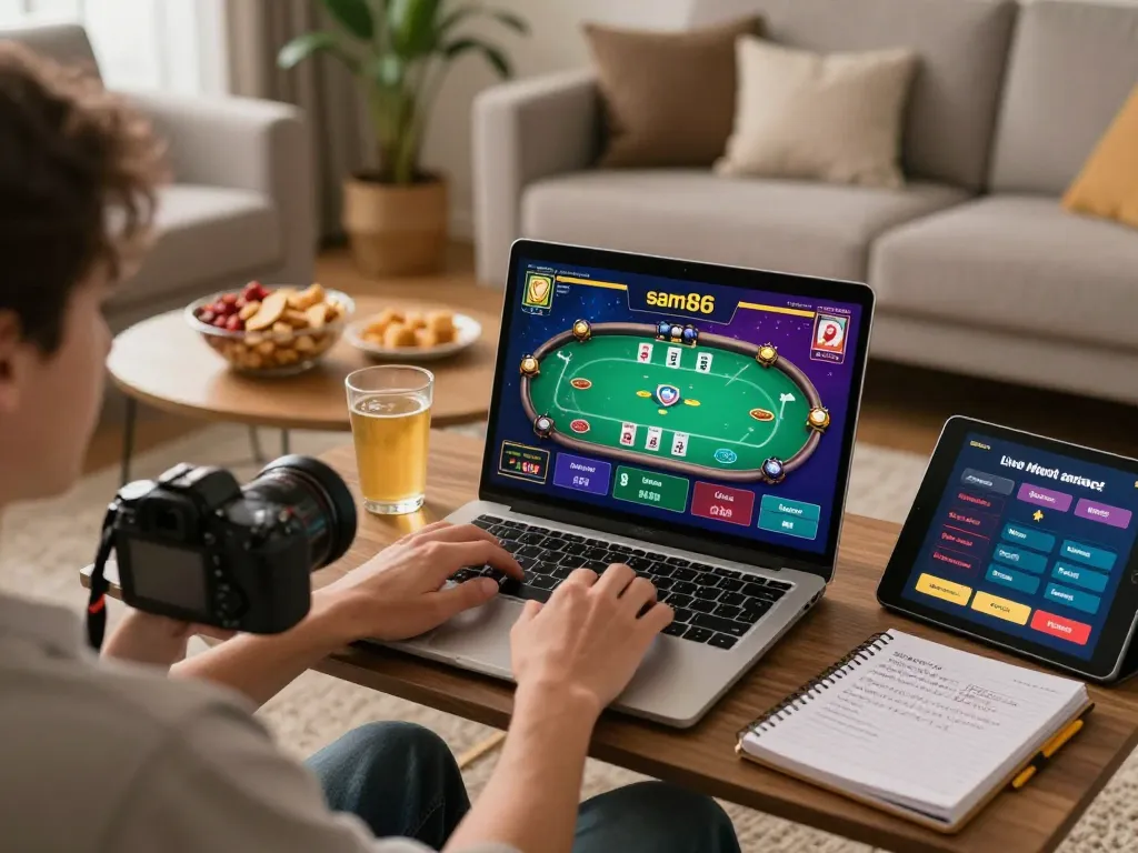 Engaging moment of a player enjoying sam86 casino games on a laptop, showcasing a vibrant online gaming experience.