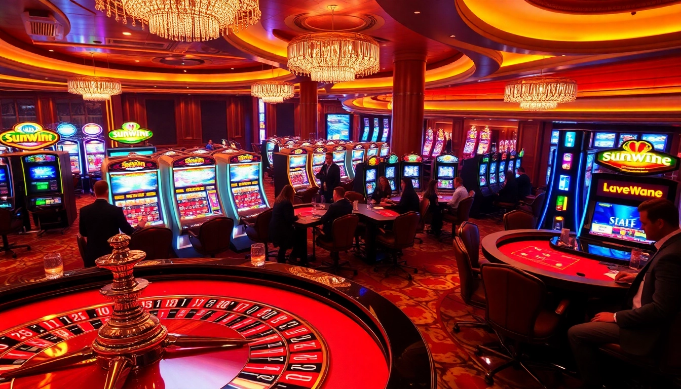Players enjoying an exciting game at Sunwin's vibrant casino, showcasing roulette and slots.