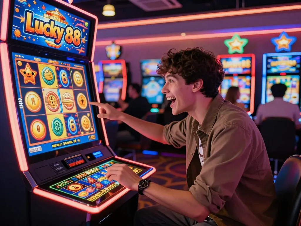 Exciting player engaging with Lucky 88 slot machine in vibrant casino atmosphere.