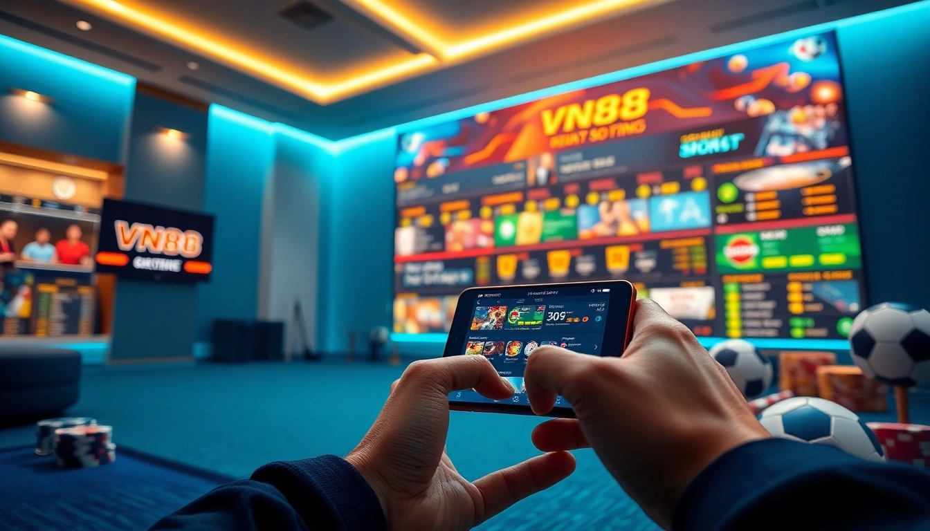 Engage with VN88's dynamic online betting interface on a smartphone, showcasing sports odds and casino elements.