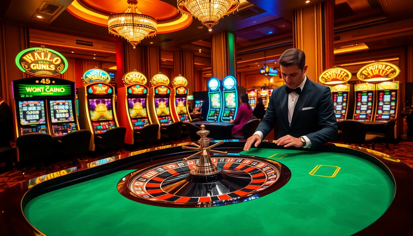 Experience the excitement of bomwin at a vibrant casino roulette table with elegant players and lights.