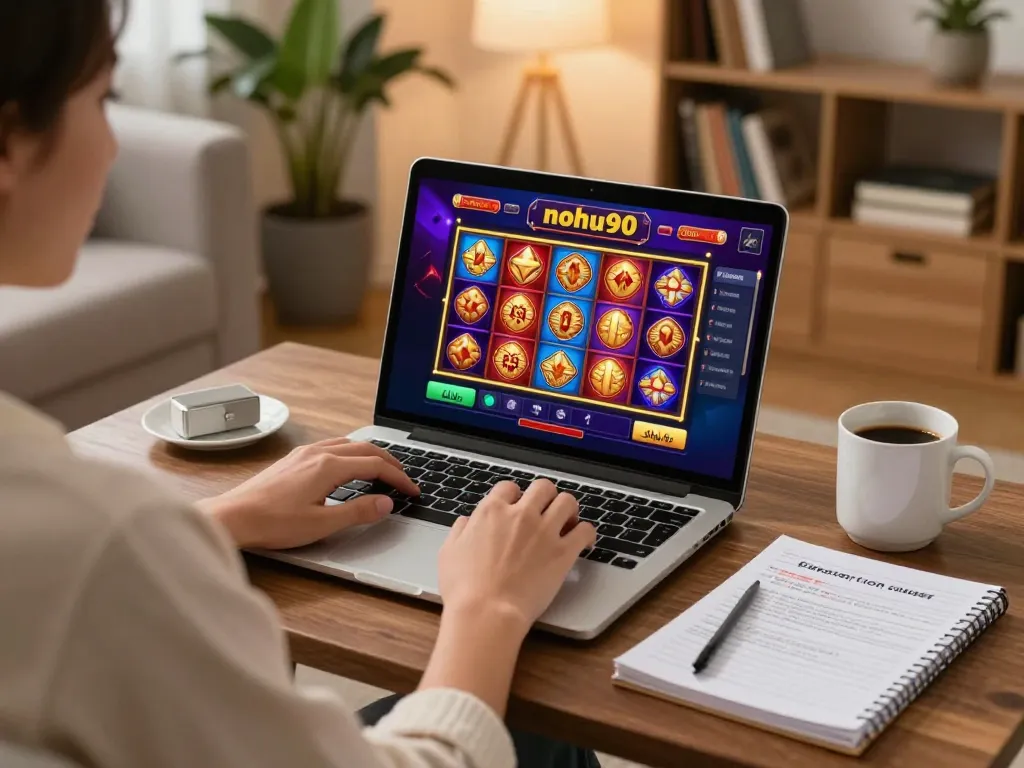 Nohu90 player engaging with online slot games in a cozy home setup.