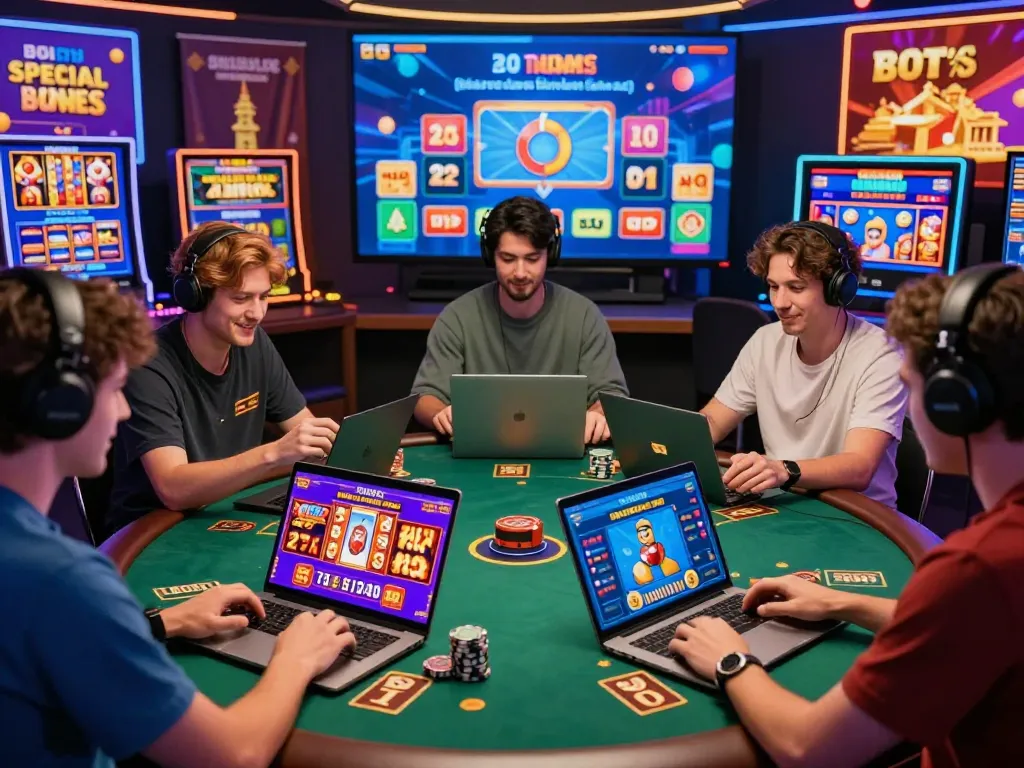 Excited players engaging with nk88 casino games on phones and laptops in a vibrant online gaming setting.