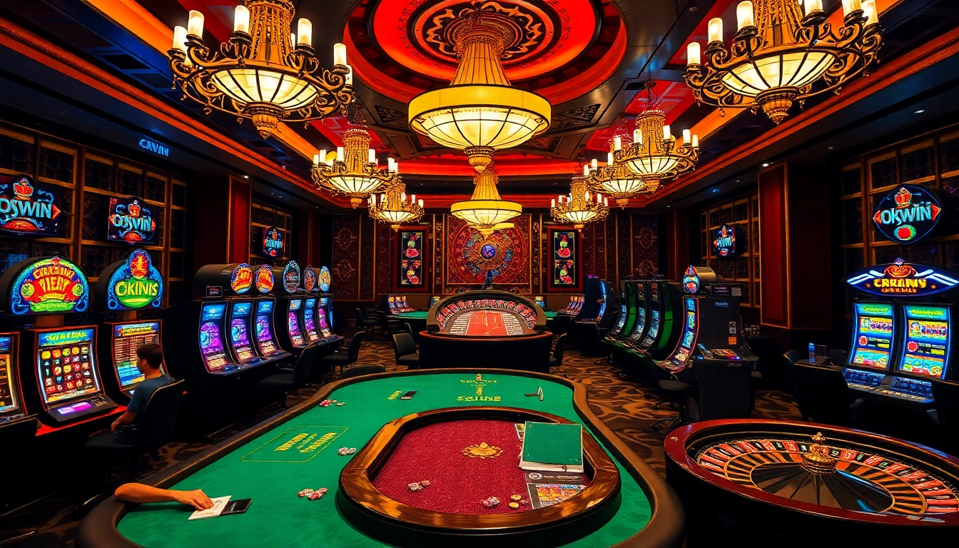 Exciting casino scene showcasing professional poker players and vibrant okwin slot machines.