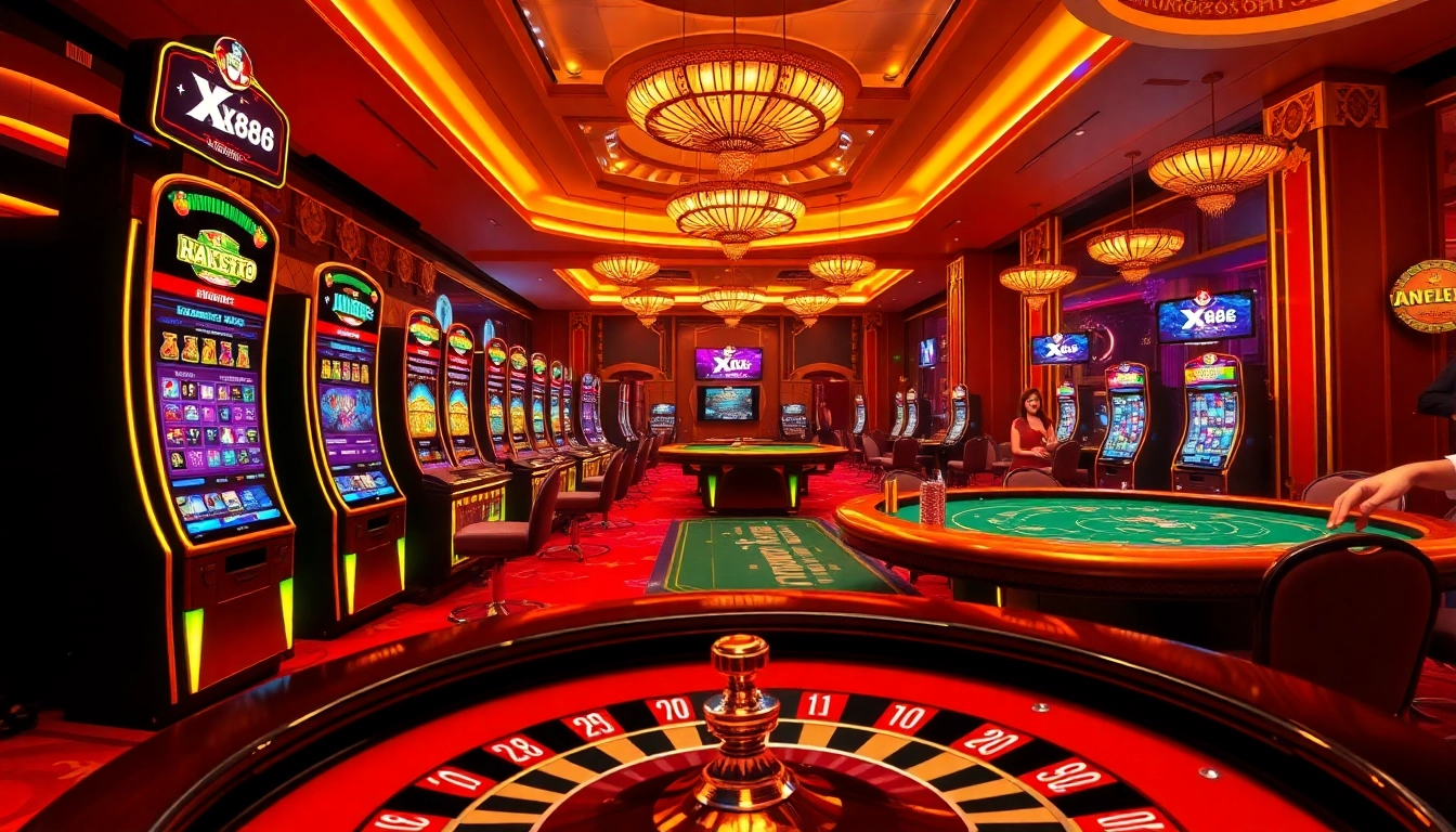 Play thrilling games at XX88's modern casino interface featuring vibrant slots and engaging poker tables.