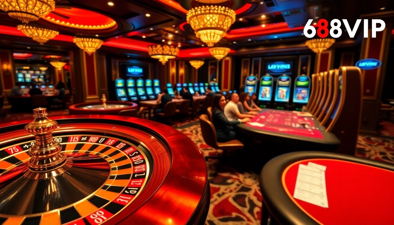 Engaging gamblers at a luxurious 68VIP casino with roulette, poker tables, and slot machines.