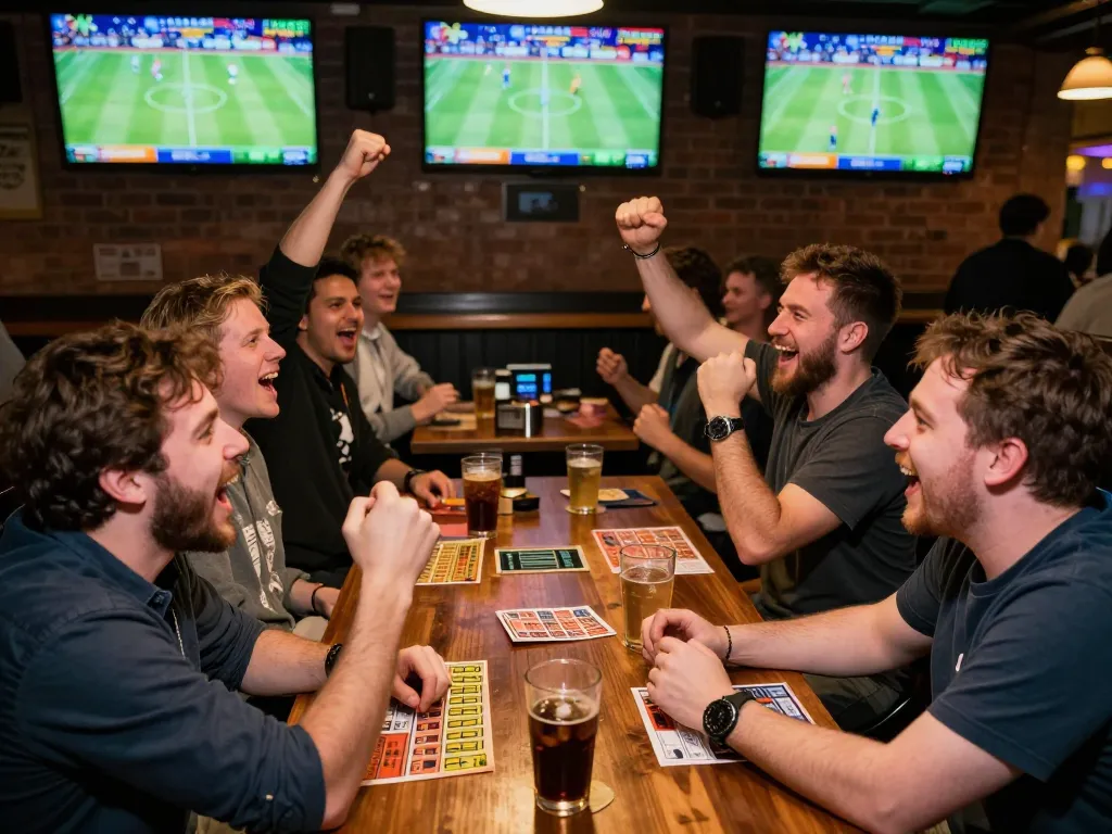 GO8 sports betting scene with friends cheering, lively atmosphere in a vibrant sports bar.