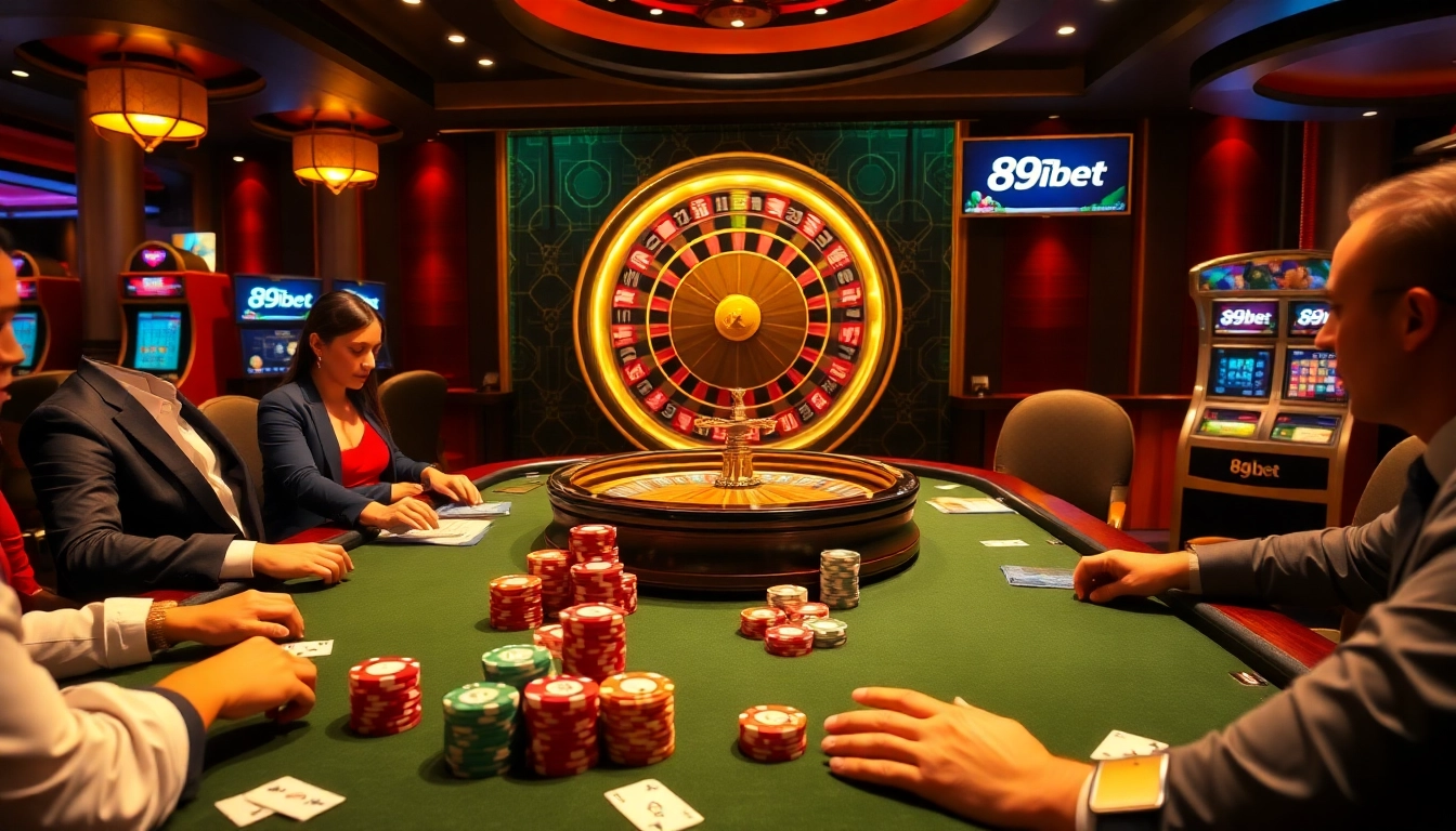 Engaged players at a vibrant 89bet poker table amidst an exciting casino atmosphere.