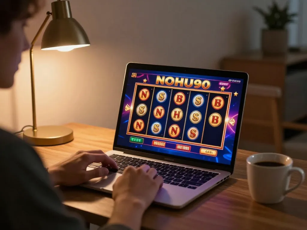 Player enjoying NOHU90 slot games on a laptop in a cozy home office setting.