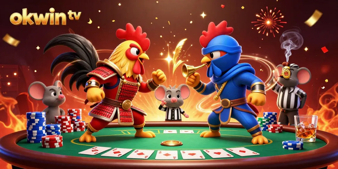 Engage with okwin tv's thrilling poker showdown featuring dynamic roosters in a vibrant scene.
