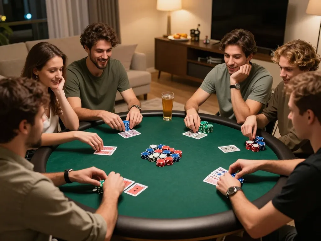 Friends enjoy a lively poker night at home featuring strategic gameplay with LV88.