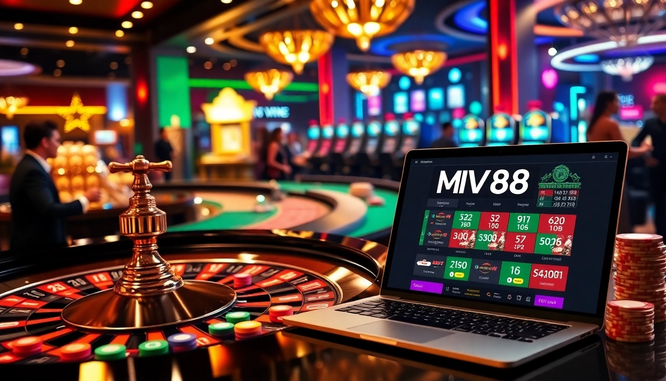 Enjoying the thrill of MV88 gaming at a luxurious casino setting with roulette and slots.