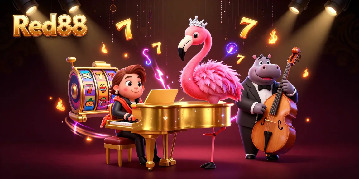 Red88 casino scene featuring a flamingo singer and hippo bassist with vibrant slot elements.