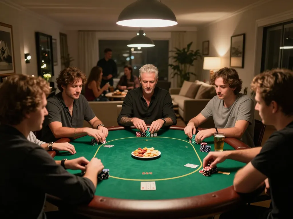 Players strategizing at home poker night while enjoying a friendly game with friends, showcasing exciting gameplay at fly8800.